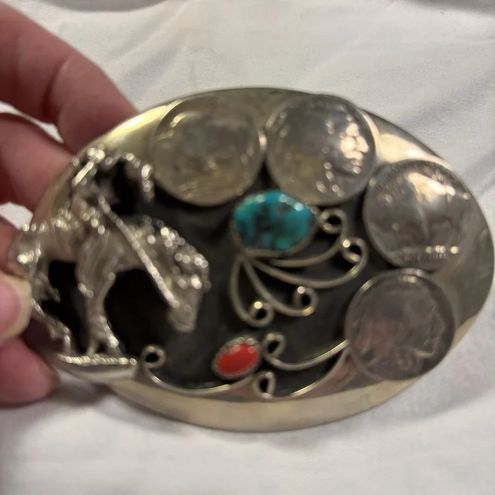 Vintage Belt Buckle With Horse & Rider,Turquoise & Red Coral Silver Tone Buckles